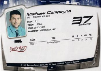 2011-12 Extreme Sudbury Wolves (OHL) #16 Mathew Campagna Back