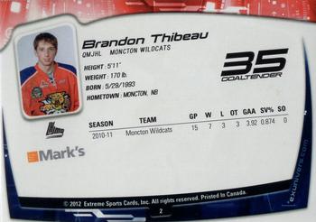 2011-12 Extreme Moncton Wildcats (QMJHL) #2 Brandon Thibeau Back