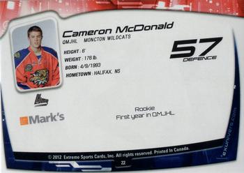 2011-12 Extreme Moncton Wildcats (QMJHL) #22 Cameron McDonald Back