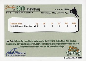 2011-12 Grandstand Everett Silvertips (WHL) #NNO Jordyn Boyd Back