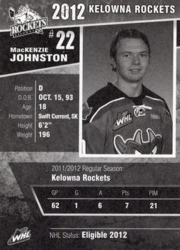 2011-12 Kelowna Rockets (WHL) #NNO MacKenzie Johnston Back