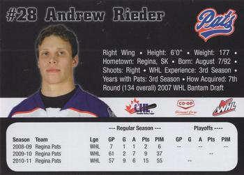 2011-12 Co-op Regina Pats (WHL) #16 Andrew Rieder Back