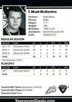 2011-12 Vancouver Giants (WHL) #NNO Matt Bellerive Back