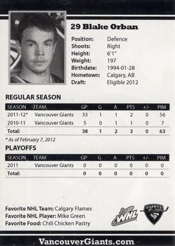 2011-12 Vancouver Giants (WHL) #NNO Blake Orban Back