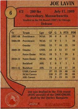 2012-13 Rockford Register Star Rockford IceHogs (AHL) #4 Joe Lavin Back