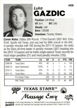 2012-13 Choice Texas Stars (AHL) #9 Luke Gazdic Back