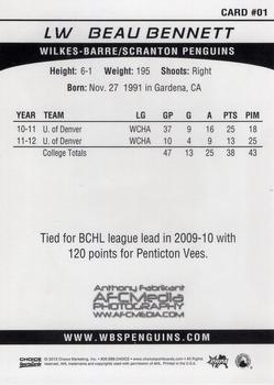 2012-13 Choice Wilkes-Barre/Scranton Penguins (AHL) #1 Beau Bennett Back