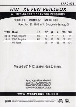 2012-13 Choice Wilkes-Barre/Scranton Penguins (AHL) #26 Keven Veilleux Back