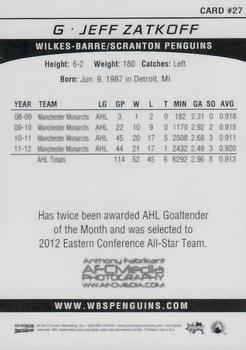 2012-13 Choice Wilkes-Barre/Scranton Penguins (AHL) #27 Jeff Zatkoff Back