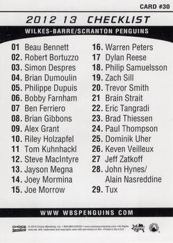 2012-13 Choice Wilkes-Barre/Scranton Penguins (AHL) #30 WBS Penguins Back