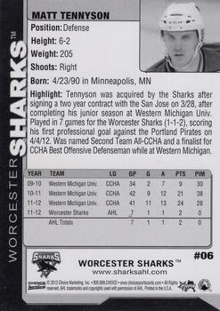 2012-13 Choice Worcester Sharks (AHL) #6 Matt Tennyson Back