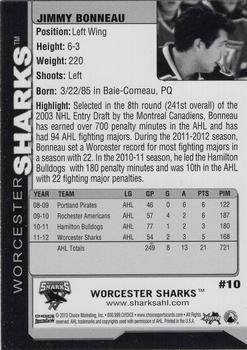 2012-13 Choice Worcester Sharks (AHL) #10 Jimmy Bonneau Back