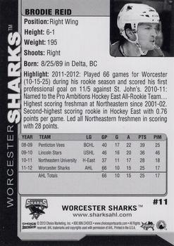 2012-13 Choice Worcester Sharks (AHL) #11 Brodie Reid Back