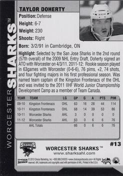 2012-13 Choice Worcester Sharks (AHL) #13 Taylor Doherty Back