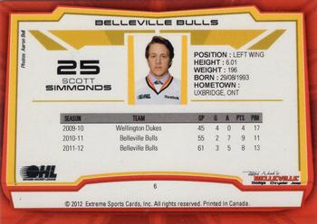 2012-13 Extreme Belleville Bulls (OHL) #6 Scott Simmonds Back