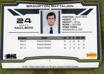 2012-13 Extreme Brampton Battalion (OHL) #4 Matt MacLeod Back