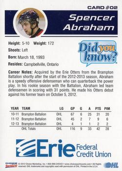 2012-13 Choice Erie Otters (OHL) #2 Spencer Abraham Back