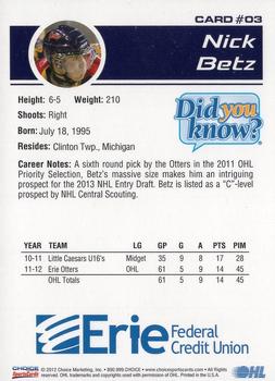 2012-13 Choice Erie Otters (OHL) #3 Nick Betz Back