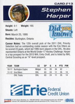 2012-13 Choice Erie Otters (OHL) #13 Stephen Harper Back
