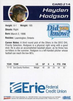 2012-13 Choice Erie Otters (OHL) #14 Hayden Hodgson Back