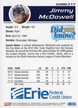 2012-13 Choice Erie Otters (OHL) #17 Jimmy McDowell Back