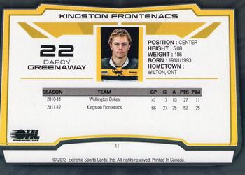 2012-13 Extreme Kingston Frontenacs (OHL) #11 Darcy Greenaway Back