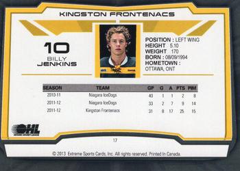2012-13 Extreme Kingston Frontenacs (OHL) #17 Billy Jenkins Back