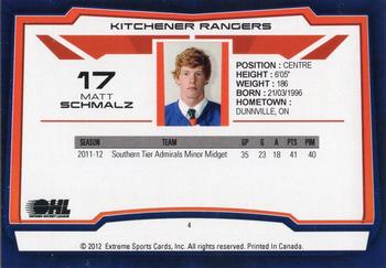 2012-13 Extreme Kitchener Rangers (OHL) #4 Matt Schmalz Back