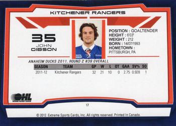 2012-13 Extreme Kitchener Rangers (OHL) #17 John Gibson Back
