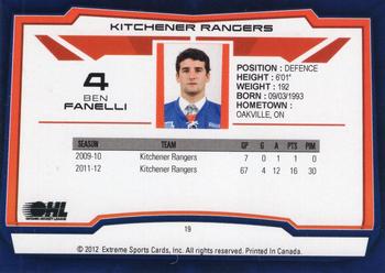 2012-13 Extreme Kitchener Rangers (OHL) #19 Ben Fanelli Back
