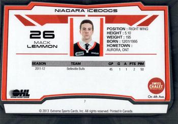 2012-13 Extreme Niagara IceDogs (OHL) #7 Mack Lemmon Back