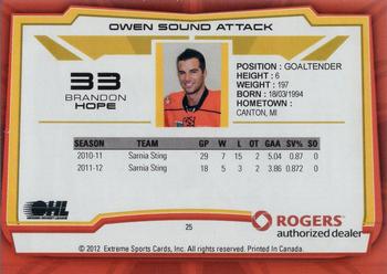 2012-13 Extreme Owen Sound Attack (OHL) #25 Brandon Hope Back