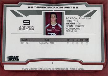 2012-13 Extreme Peterborough Petes (OHL) #9 Andrew Rieder Back
