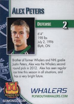 2012-13 BD's Mongolian Grill Plymouth Whalers (OHL) #18 Alex Peters Back
