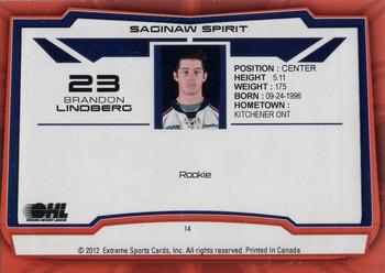2012-13 Extreme Saginaw Spirit (OHL) #14 Brandon Lindberg Back