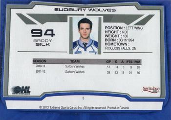 2012-13 Extreme Sudbury Wolves (OHL) #5 Brody Silk Back