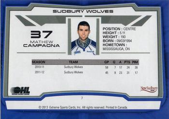 2012-13 Extreme Sudbury Wolves (OHL) #7 Mathew Campagna Back