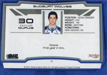 2012-13 Extreme Sudbury Wolves (OHL) #10 Taylor Dupuis Back
