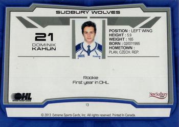 2012-13 Extreme Sudbury Wolves (OHL) #13 Dominik Kahun Back