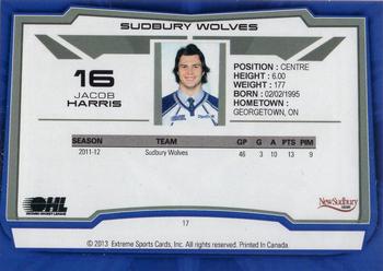2012-13 Extreme Sudbury Wolves (OHL) #17 Jacob Harris Back