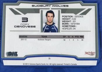 2012-13 Extreme Sudbury Wolves (OHL) #25 Cory Genovese Back