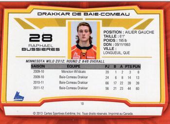 2012-13 Extreme Baie-Comeau Drakkar (QMJHL) #10 Raphael Bussieres Back
