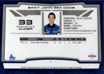 2012-13 Extreme Saint John Sea Dogs (QMJHL) #2 Sebastien Auger Back