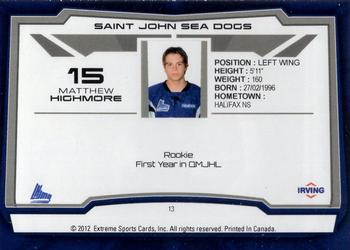 2012-13 Extreme Saint John Sea Dogs (QMJHL) #13 Matthew Highmore Back