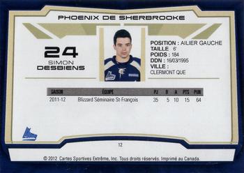 2012-13 Extreme Sherbrooke Phoenix (QMJHL) #12 Simon Desbiens Back