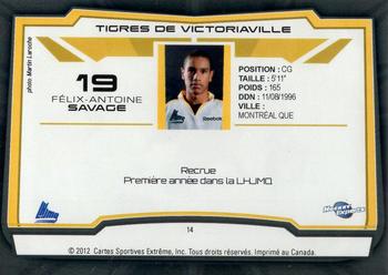 2012-13 Extreme Victoriaville Tigres (QMJHL) #14 Felix-Antoine Savage Back