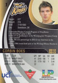2012-13 Canadian Tire Brandon Wheat Kings (WHL) #NNO Corbin Boes Back