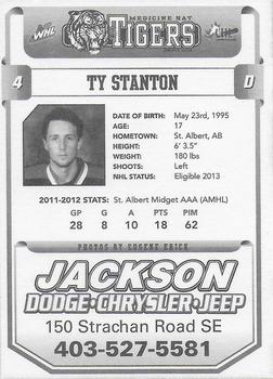 2012-13 Medicine Hat Tigers (WHL) #NNO Ty Stanton Back