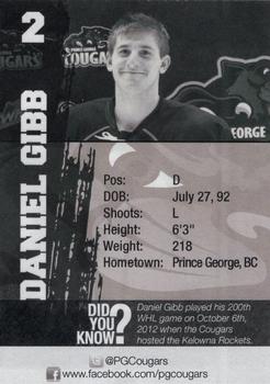 2012-13 Subway Prince George Cougars (WHL) #NNO Daniel Gibb Back