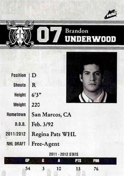 2012-13 Red Deer Rebels (WHL) #22 Brandon Underwood Back